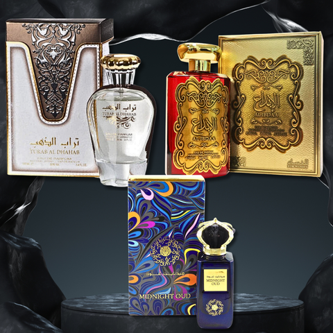 Ard Al Zaafaran Al Ibdaa Gold Midnight & Turab Al Dhahab EDP 100ml Eau De Parfum bottle with gold and dark packaging.