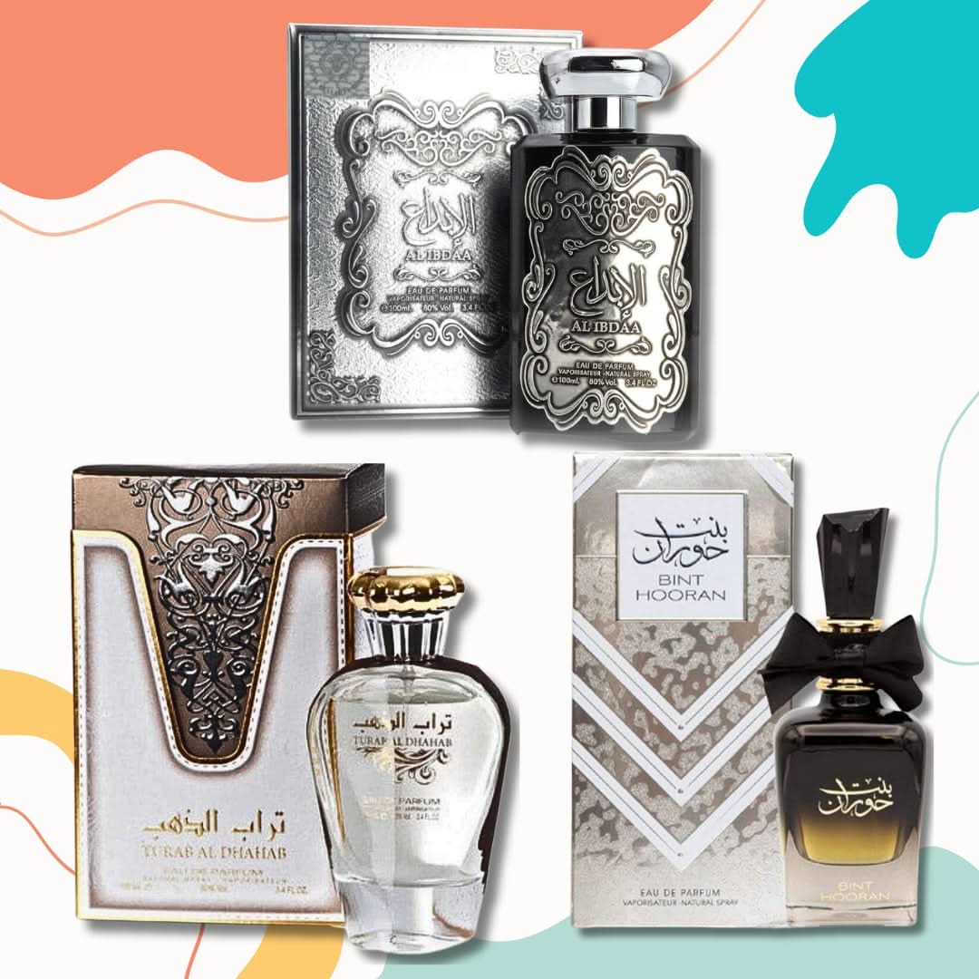 Set of three Ard Al Zaafaran Al Ibdaa Silver, Bint Hooran, and Turab Al Dhahab EDP perfumes in 100ml bottles, featuring elegant glass bottles.