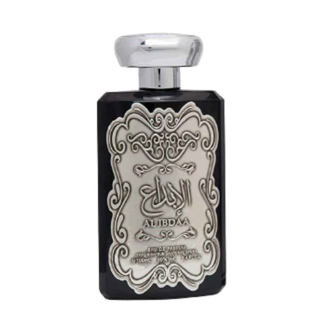 Ard Al Zaafaran Al Ibdaa Silver EDP for Men 100mL bottle, elegant perfume bottle with silver accents, fragrance for men.