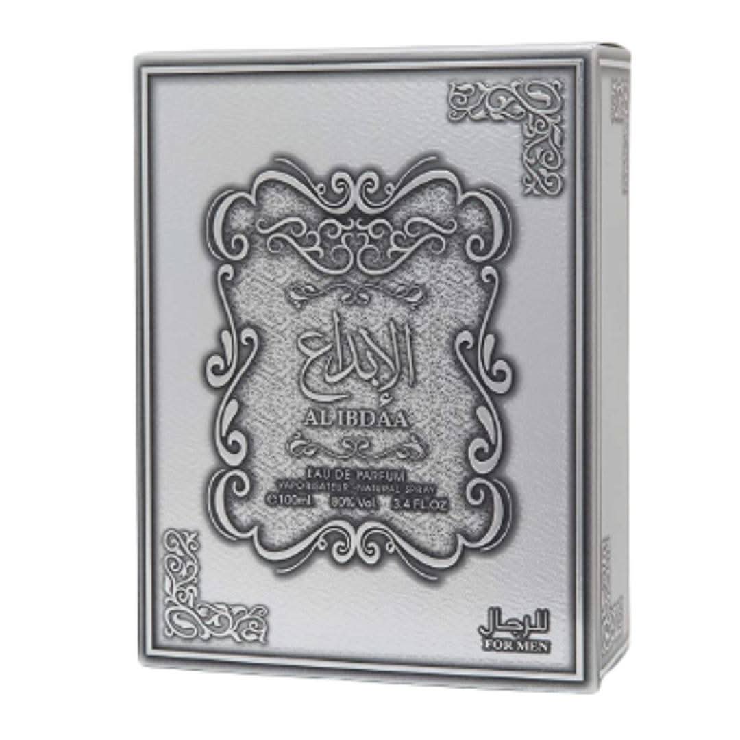Al Ibdaa Silver Eau De Parfum for Men by Ard Al Zaafaran, 100mL bottle, featuring sleek silver packaging and elegant design.