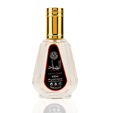 Ard Al Zaafaran Al Sayaad for Men Eau De Parfum 50ml bottle with elegant packaging and dark fragrance liquid inside.
