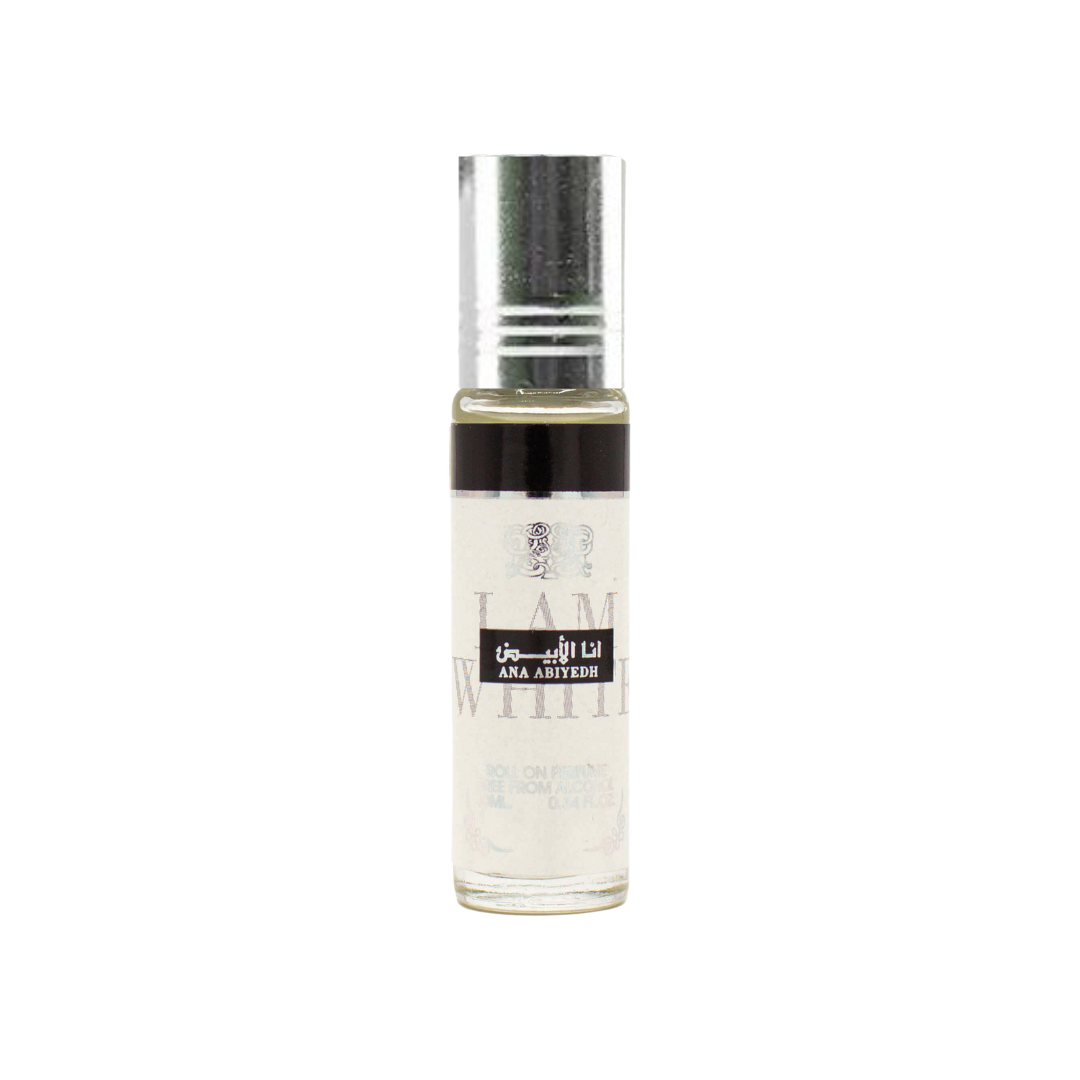 Ard Al Zaafaran Ana Abiyedh concentrated perfume oil in a 10ml roll-on bottle, long-lasting fragrance for men and women.