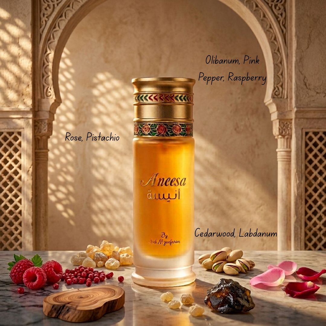 Aneesa Eau de Parfum spray bottle by Ard Al Zaafaran, 100ml, with elegant packaging and fragrance details visible.