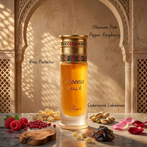 Aneesa Eau de Parfum spray bottle by Ard Al Zaafaran, 100ml, with elegant packaging and fragrance details visible.