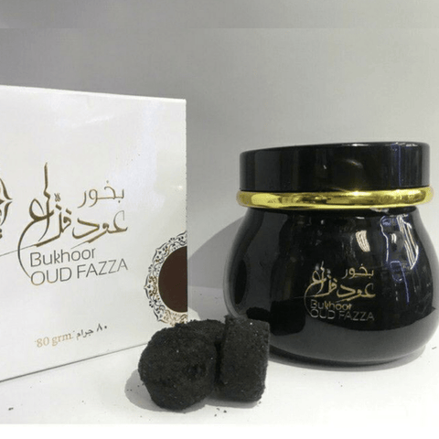 Ard Al Zaafaran Bakhoor Oud Fazza in clear container, 80GMS, traditional aromatic incense for home fragrance.