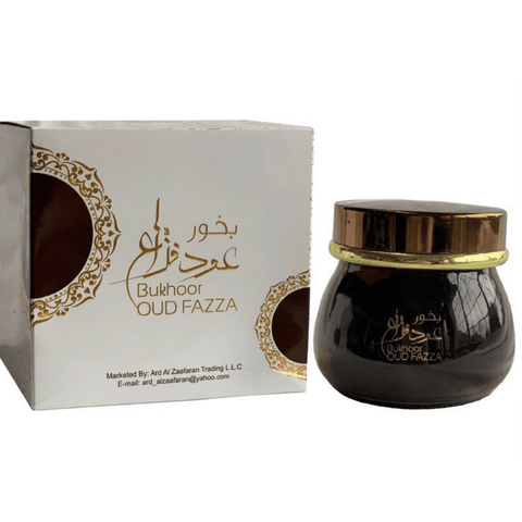 Ard Al Zaafaran Bakhoor Oud Fazza in an 80g jar, showcasing fragrant traditional incense with intricate packaging.