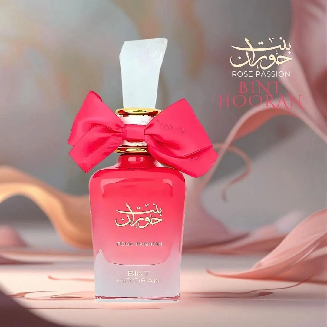 Bint Hooran Rose Passion Eau de Parfum spray by Ard Al Zaafaran, 100ml bottle with pink liquid, elegant fragrance design