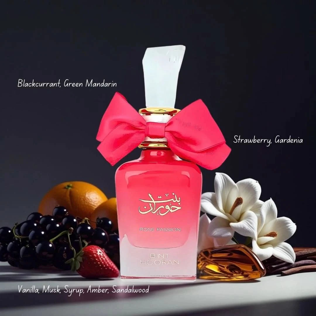 Ard Al Zaafaran Bint Hooran Rose Passion Eau de Parfum spray 100ml with floral pink accents and elegant packaging.