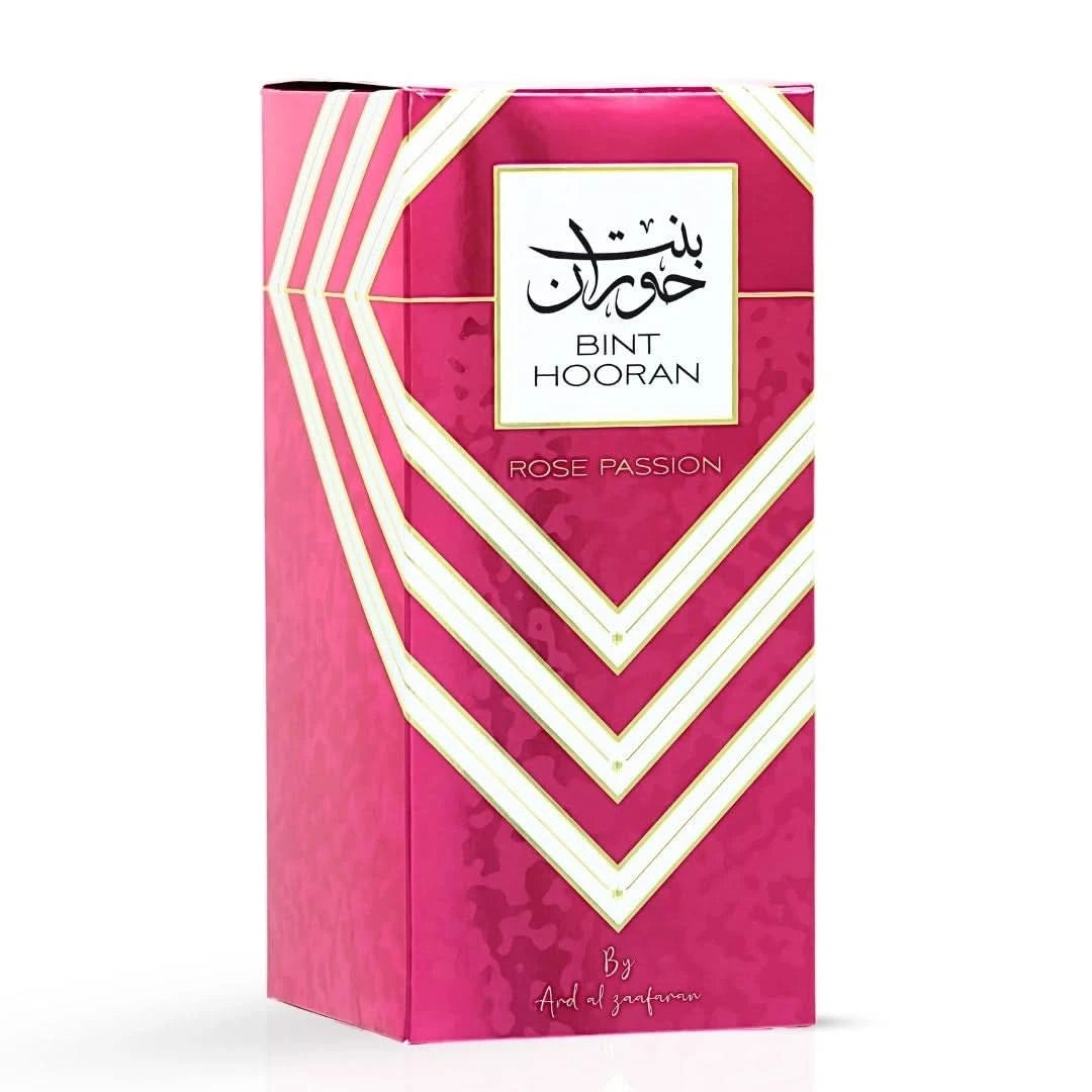 Ard Al Zaafaran Bint Hooran Rose Passion Eau de Parfum spray 100ml with pink floral bottle and elegant design.