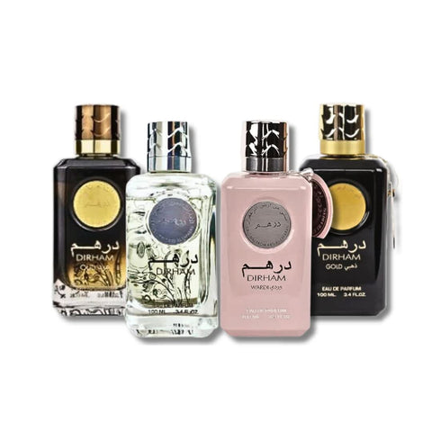 Dirham Wardi, Gold, Silver, and Oud Eau De Parfum bottles from Ard Al Zaafaran's Elegant Collection, 100ml for men and women.