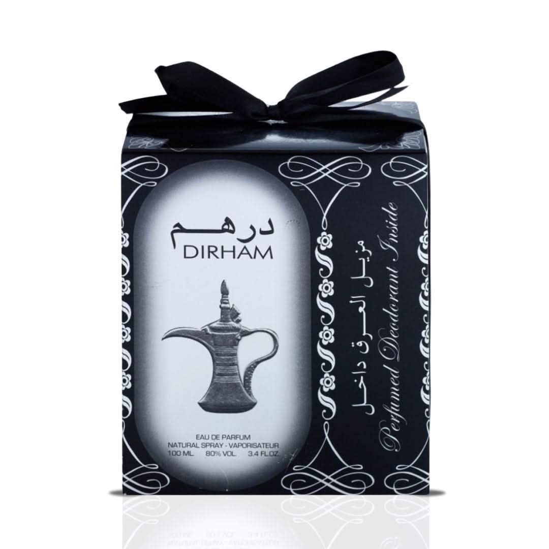 Ard Al Zaafaran Dirham Eau de Parfum 100ml spray and 50ml deodorant side by side, showcasing the elegant fragrance bottles.