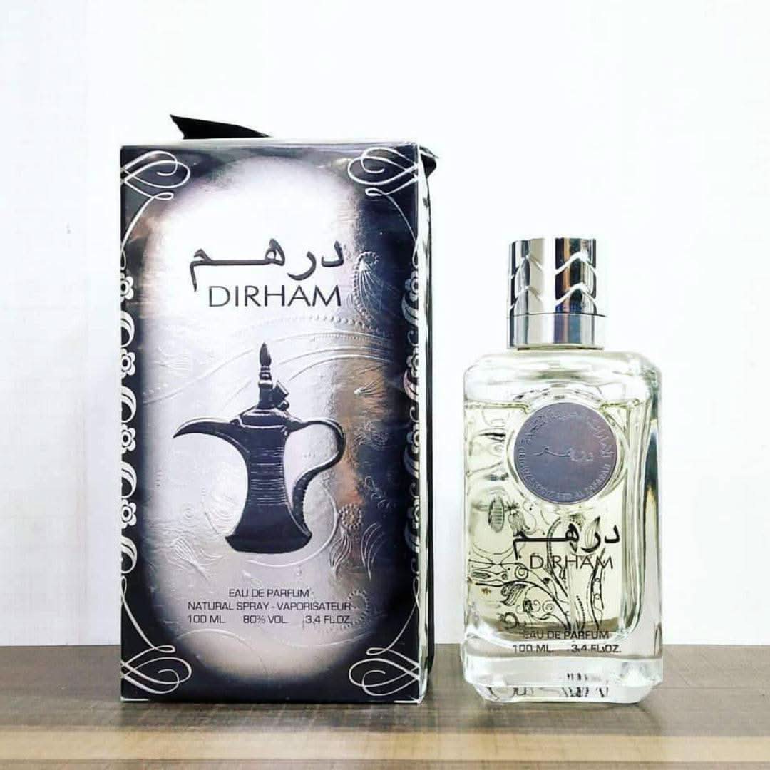 Dirham EDP by Ard Al Zaafaran, 100mL unisex Eau De Parfum with a sweet aromatic scent, displayed in a sleek bottle.