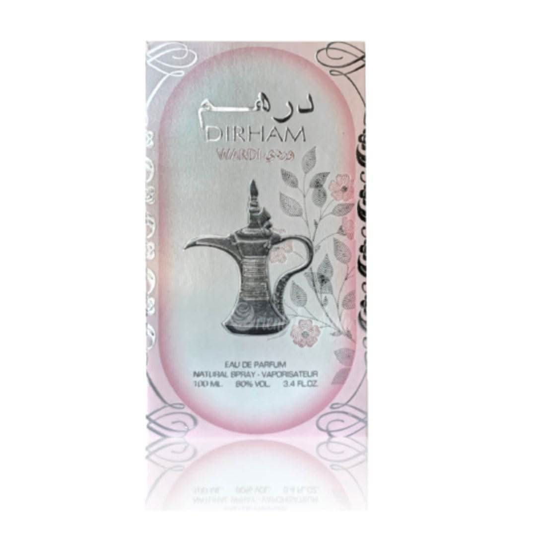 Bottle of Ard Al Zaafaran Dirham Wardi Eau De Parfum for women, 100mL, with floral and warm fragrance notes.