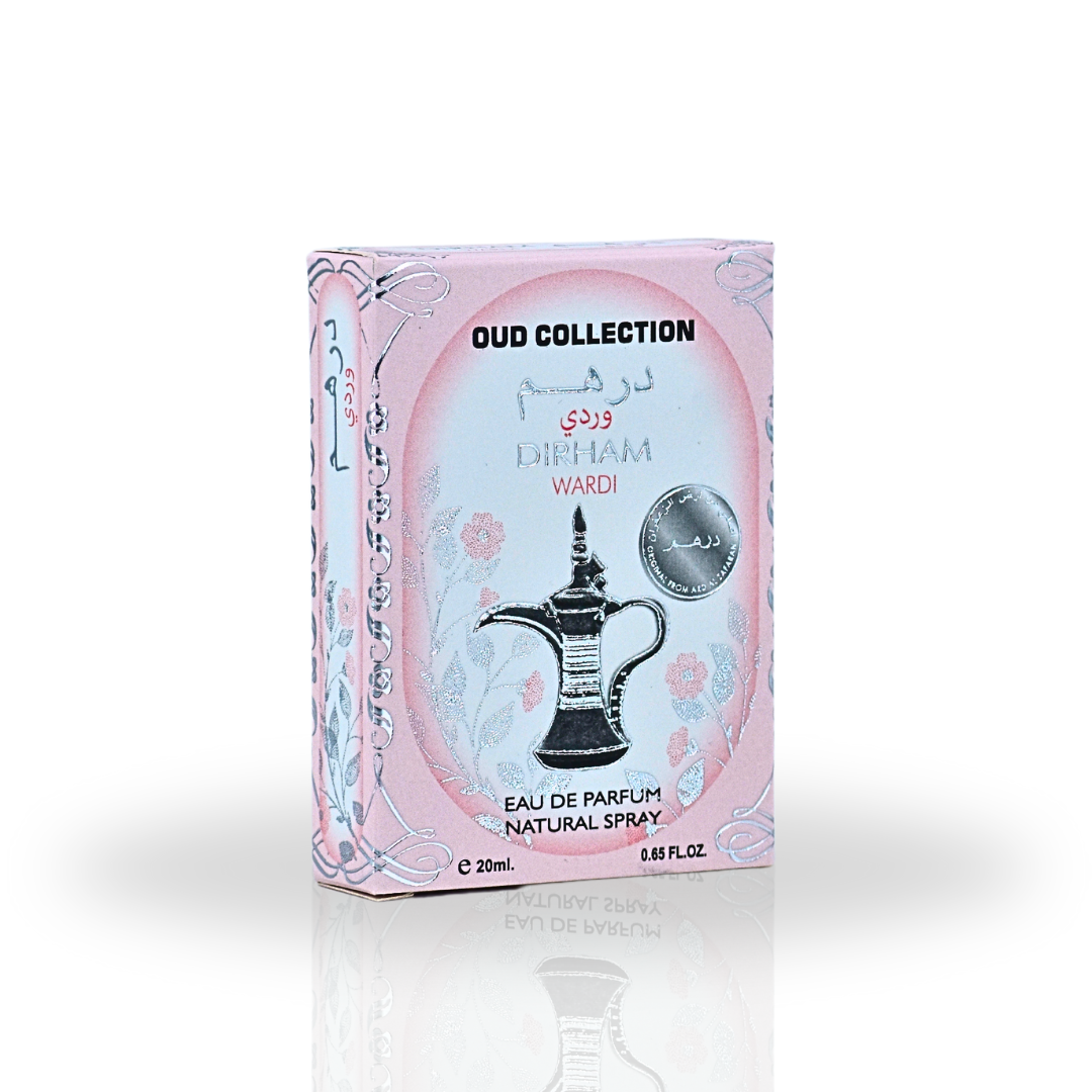 Sample image of Ard Al Zaafaran Dirham Wardi EDP spray in 20ml miniature bottle, showcasing the fragrance bottle and branding.