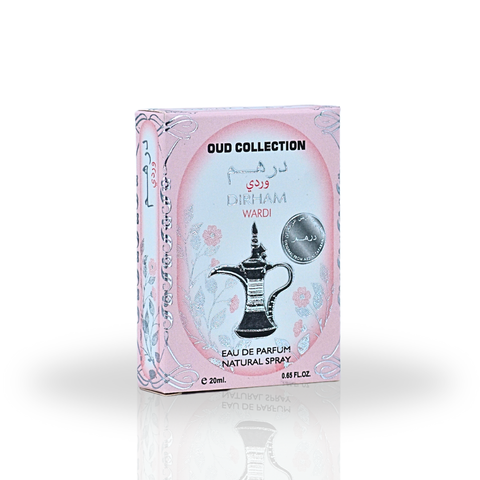 Sample image of Ard Al Zaafaran Dirham Wardi EDP spray in 20ml miniature bottle, showcasing the fragrance bottle and branding.