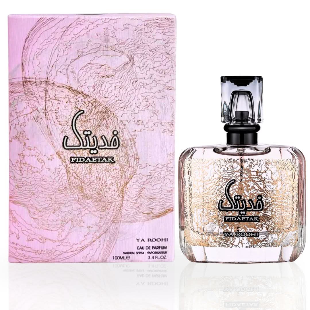 Fidetak Ya Roohi Pink EDP spray by Ard Al Zaafaran, 100ml, with elegant floral and sweet fragrance design in a pink bottle.
