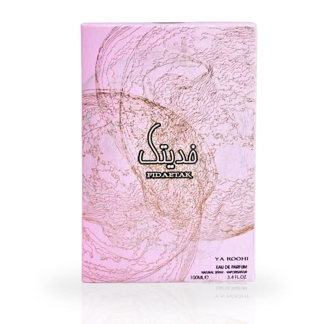 Fidetak Ya Roohi Pink Eau De Parfum spray by Ard Al Zaafaran, 100ml, featuring a pink floral bottle with elegant floral design.