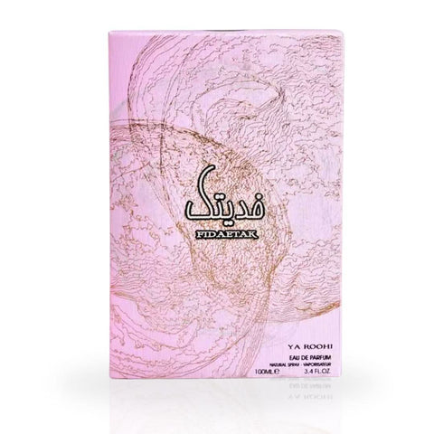 Fidetak Ya Roohi Pink Eau De Parfum spray by Ard Al Zaafaran, 100ml, featuring a pink floral bottle with elegant floral design.