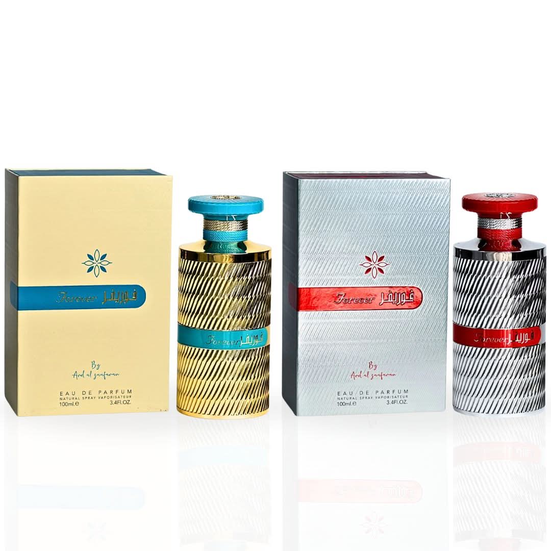 Bundle of Ard Al Zaafaran Forever Gold and Silver Eau de Parfum sprays, 100ml each, featuring elegant glass bottles and luxurious fragrance.