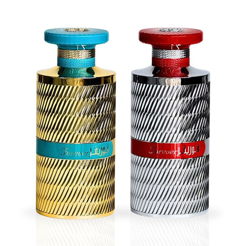 Bundle of Ard Al Zaafaran Forever Gold and Silver Eau de Parfum sprays, featuring 100ml bottles with elegant packaging.
