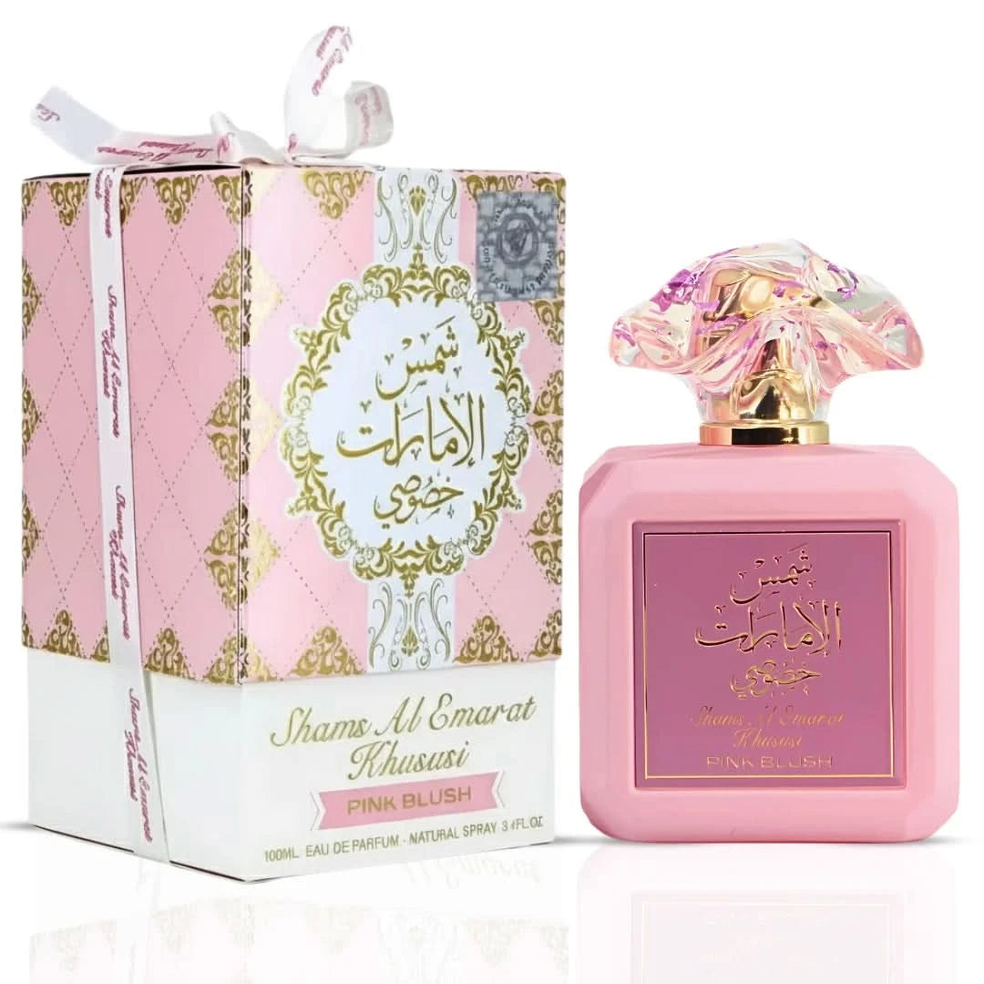 Bundle of Ard Al Zaafaran Shams Al Emarat Khususi Pink Blush, Glaze & Glow, and Iced Petal Eau de Parfum sprays, 100ml bottles.