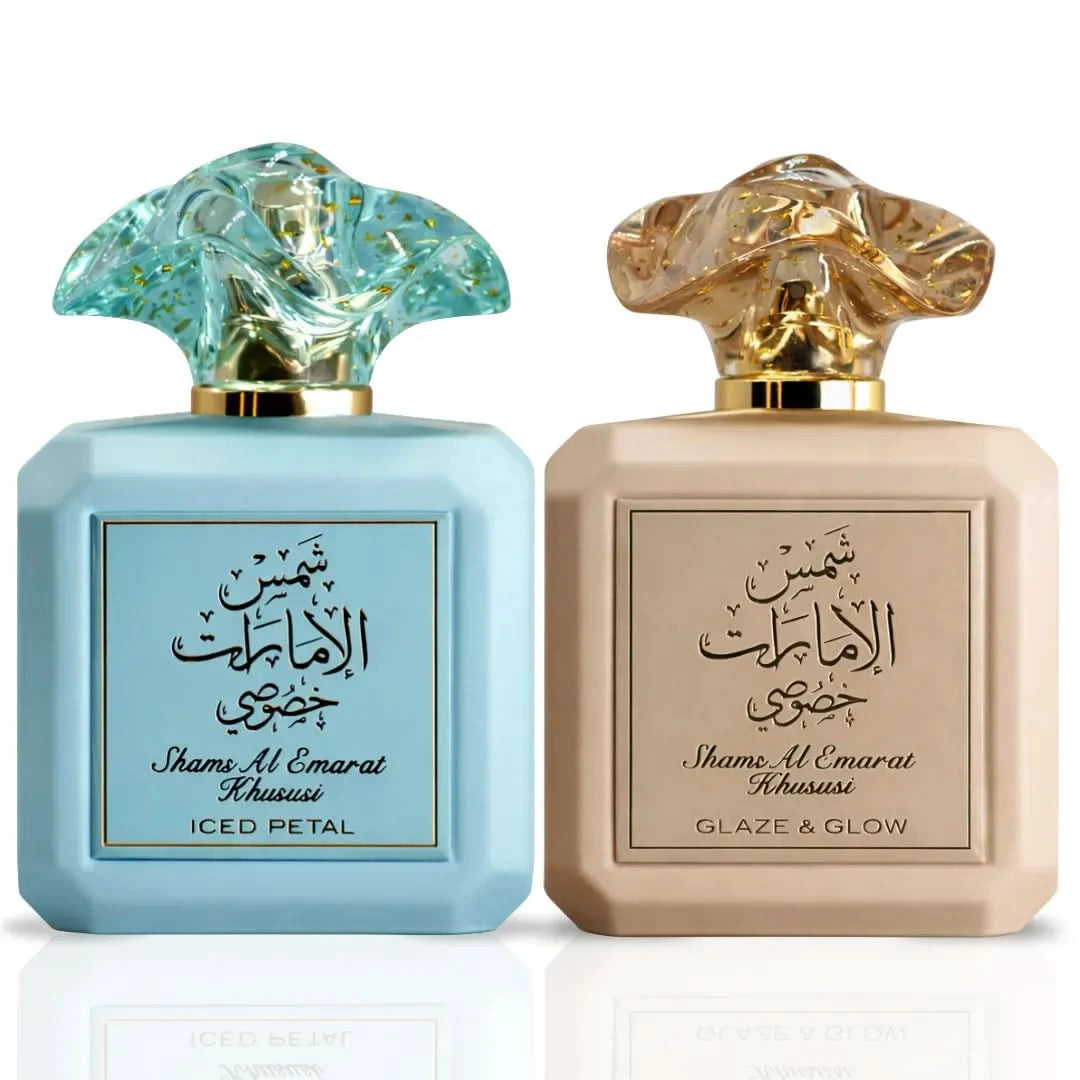 Bundle of Ard Al Zaafaran Shams Al Emarat Glaze & Glow and Iced Petal Eau de Parfum spray bottles, 100ml each, with elegant glass bottles.