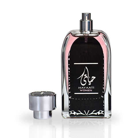 Ard Al Zaafaran Hayaati Women EDP Spray 100ML bottle with floral and refreshing scent, elegant perfume design.