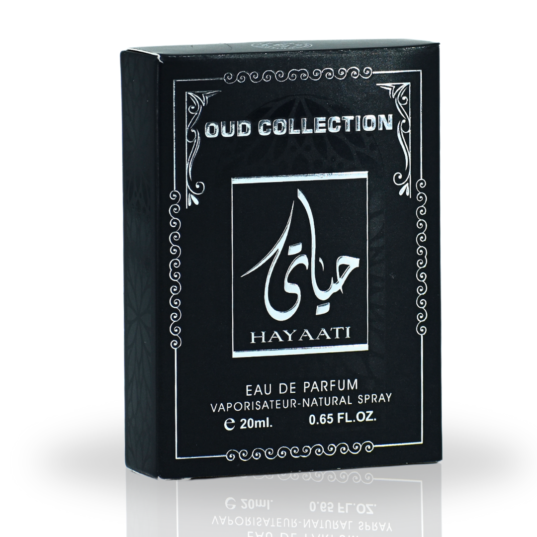 Sample of Ard Al Zaafaran Hayaati Eau de Parfum Spray 20ml, showcasing the perfume bottle and packaging.