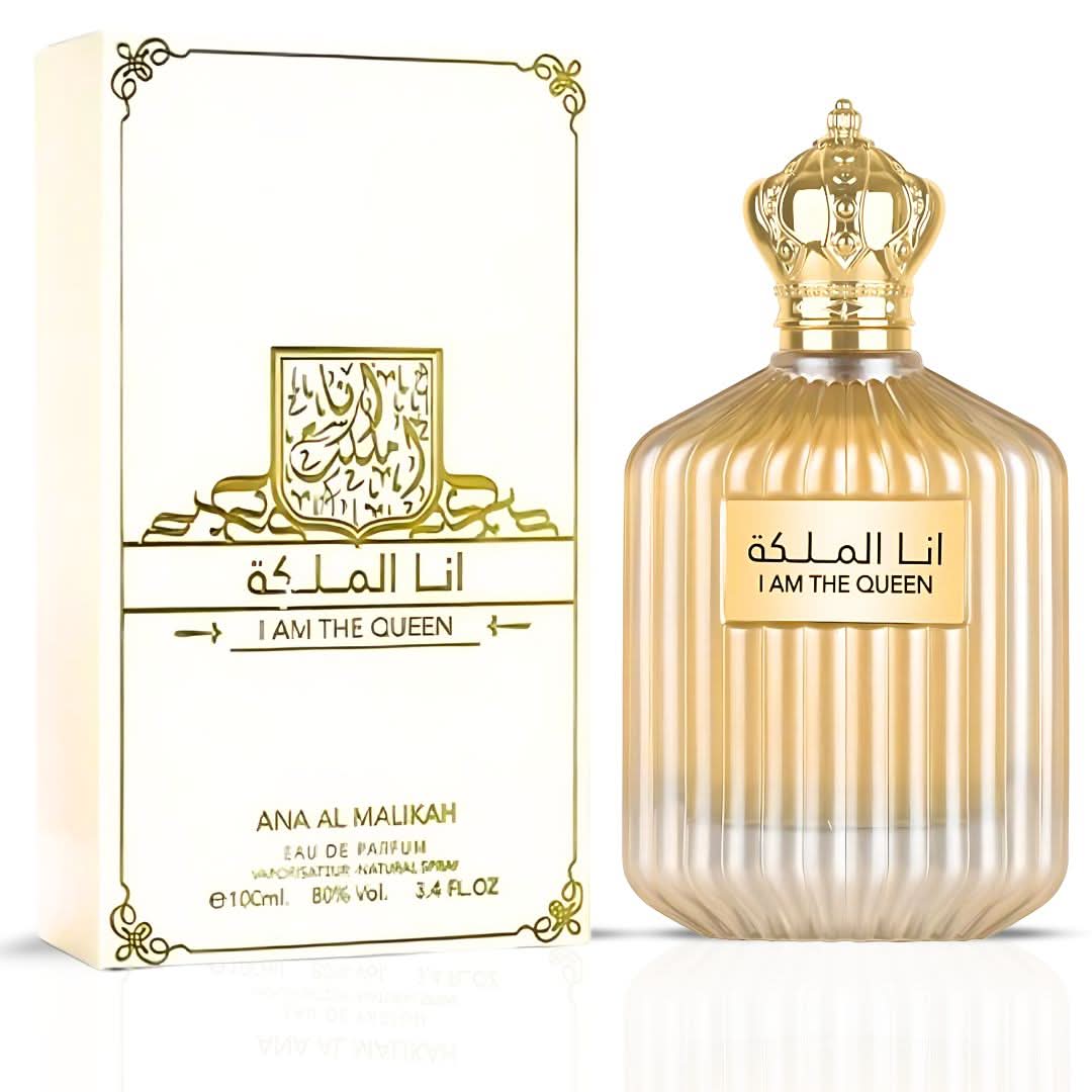 I am the Queen Eau De Parfum for Women by Ard Al Zaafaran, 100mL bottle, elegant fragrance bottle with floral and oriental design.