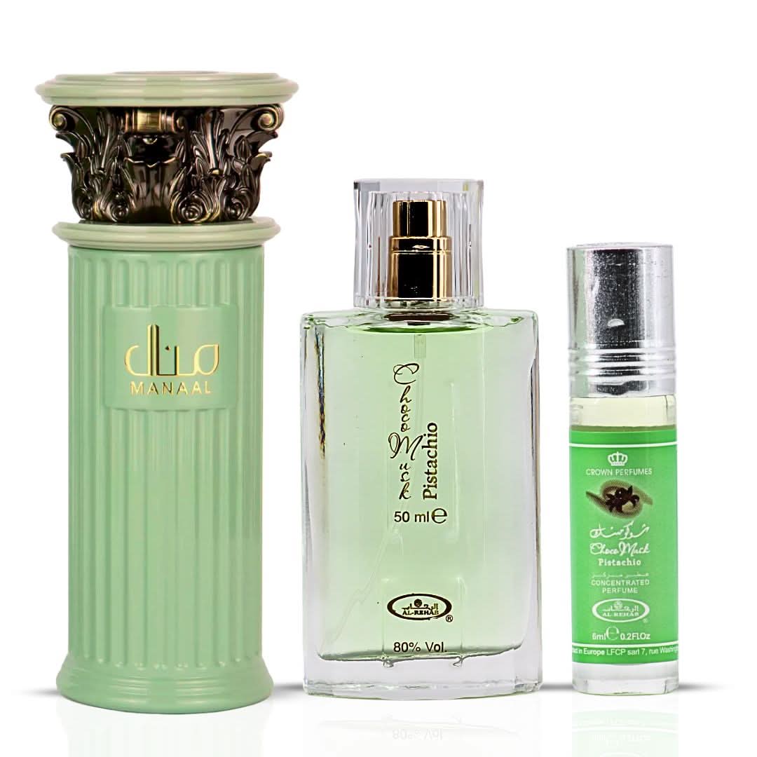 Ard Al Zaafaran Manaal perfume bundle with Choco Musk Pistachio EDP and 6 ml roll-on – image 1