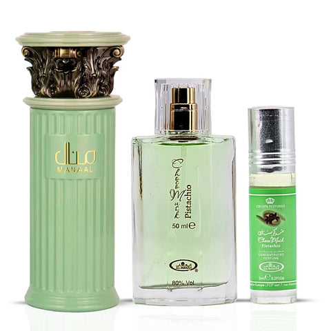 Ard Al Zaafaran Manaal perfume bundle with Choco Musk Pistachio EDP and 6 ml roll-on – image 1