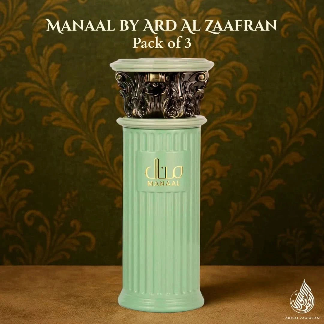 Pack of 3 Ard Al Zaafaran Manaal Eau de Parfum 100ml spray bottles, featuring elegant fragrance bottles in a set.