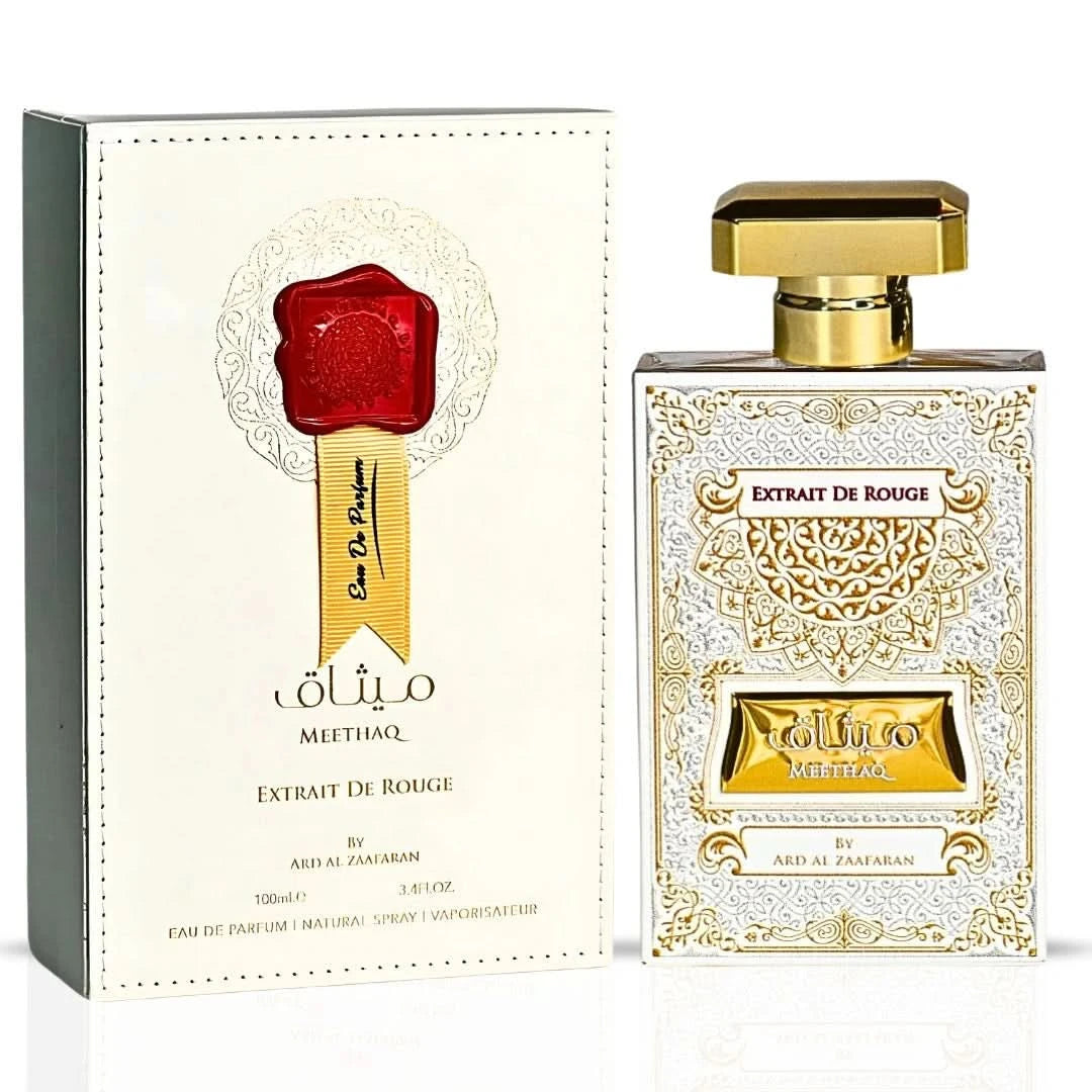 Ard Al Zaafaran Meethaq Extrait De Rouge Eau de Parfum spray 100ml bottle and box, elegant fragrance packaging.