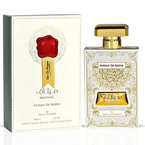 Ard Al Zaafaran Meethaq Extrait De Rouge Eau de Parfum spray 100ml bottle and box, elegant fragrance packaging.