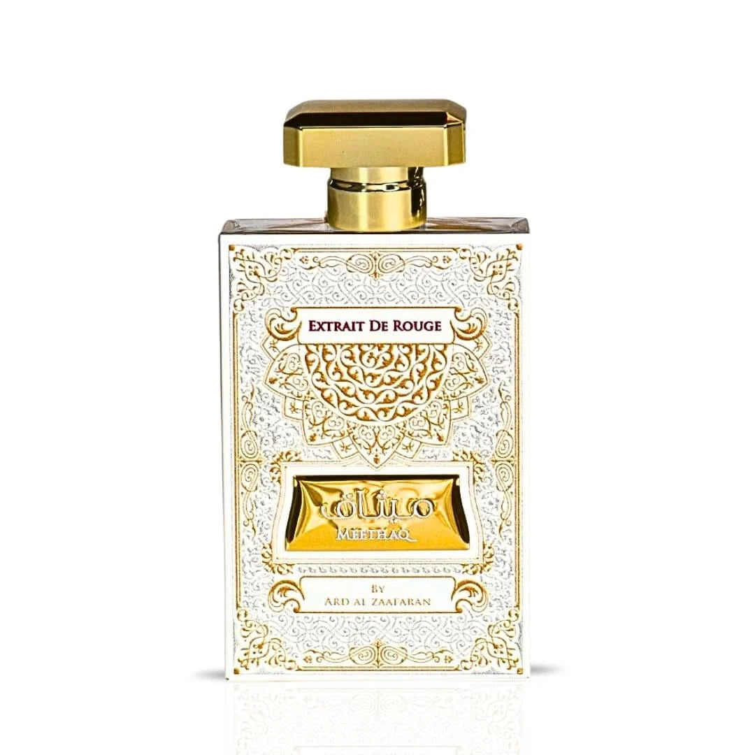 Ard Al Zaafaran Meethaq Extrait De Rouge Eau de Parfum 100ml bottle, front view showcasing the elegant perfume spray bottle.