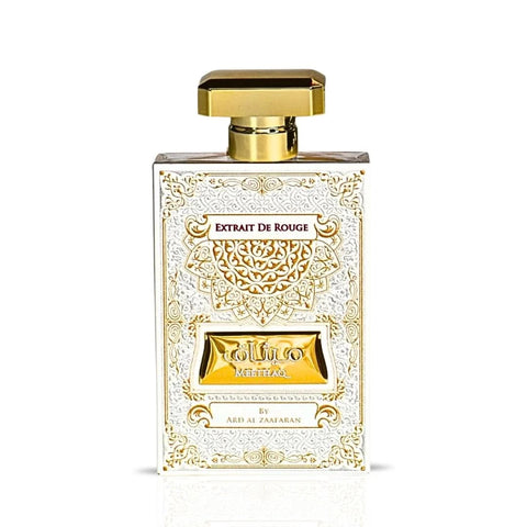 Ard Al Zaafaran Meethaq Extrait De Rouge Eau de Parfum 100ml bottle, front view showcasing the elegant perfume spray bottle.