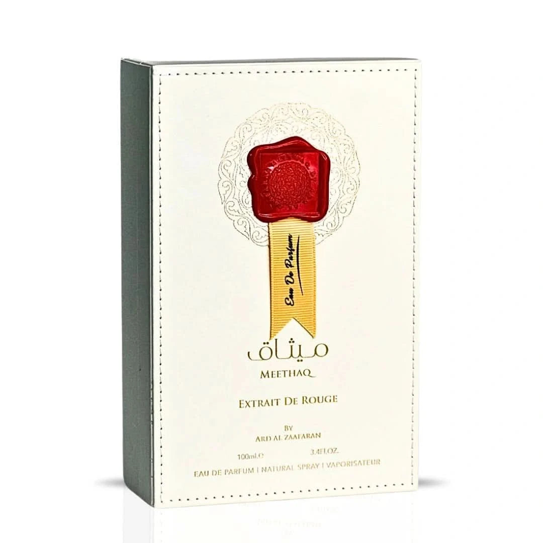 Ard Al Zaafaran Meethaq Extrait De Rouge Eau de Parfum spray 100ml bottle with elegant design and branding.