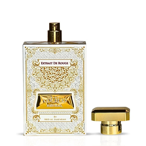 Ard Al Zaafaran Meethaq Extrait De Rouge Eau de Parfum spray 100ml, elegant bottle with red accents and floral design.