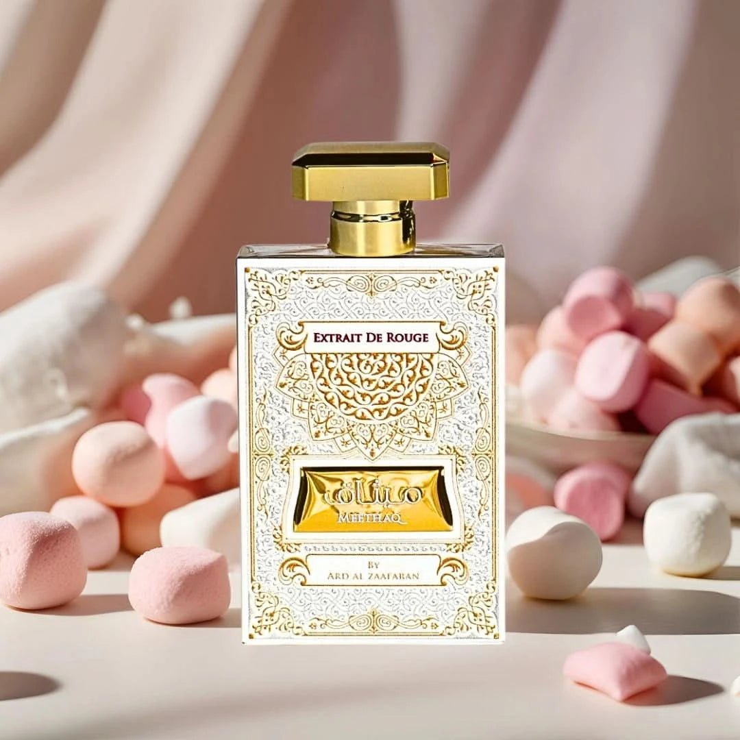 Ard Al Zaafaran Meethaq Extrait De Rouge Eau de Parfum spray 100ml with elegant bottle, showcasing luxurious fragrance packaging.
