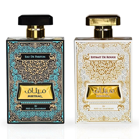 Bundle of Ard Al Zaafaran Meethaq Extrait De Rouge Eau de Parfum sprays, 100ml bottles, featuring elegant fragrance bottles.