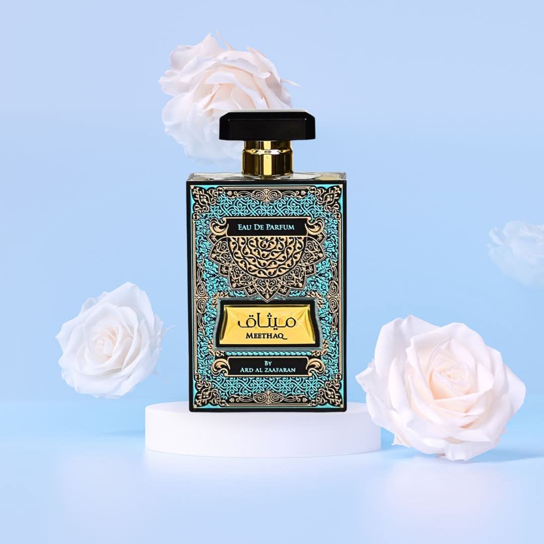 Bundle of Ard Al Zaafaran Meethaq & Meethaq Extrait De Rouge Eau de Parfum sprays in 100ml bottles, featuring elegant fragrance packaging.