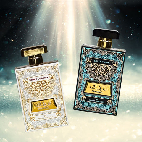 Bundle of Ard Al Zaafaran Meethaq Extrait De Rouge Eau de Parfum sprays, 100ml bottles, featuring elegant fragrance packaging.