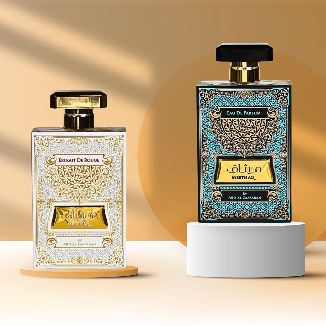 Bundle of Ard Al Zaafaran Meethaq & Meethaq Extrait De Rouge Eau de Parfum sprays in 100ml bottles, featuring elegant fragrance bottles.