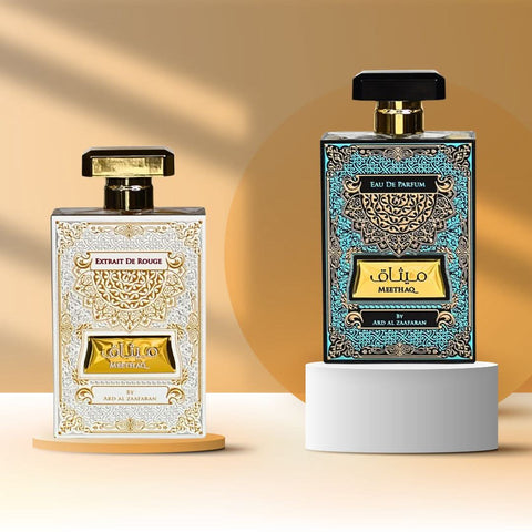 Bundle of Ard Al Zaafaran Meethaq & Meethaq Extrait De Rouge Eau de Parfum sprays in 100ml bottles, featuring elegant fragrance bottles.