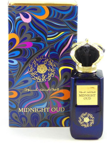 Front view of Ard Al Zaafaran Midnight Oud Eau de Parfum Spray 100ml bottle with black and gold design.