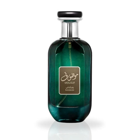 Ard Al Zaafaran Mousuf Ramadi EDP spray 100ML with green floral and citrus notes, sleek perfume bottle, long-lasting fragrance.