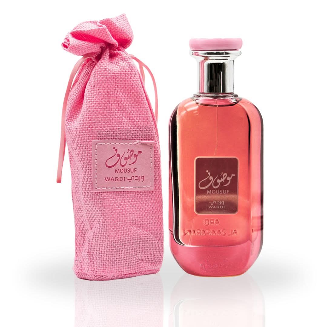 Ard Al Zaafaran Mousuf Wardi EDP spray 100ml, elegant perfume bottle with floral and spicy scent notes.