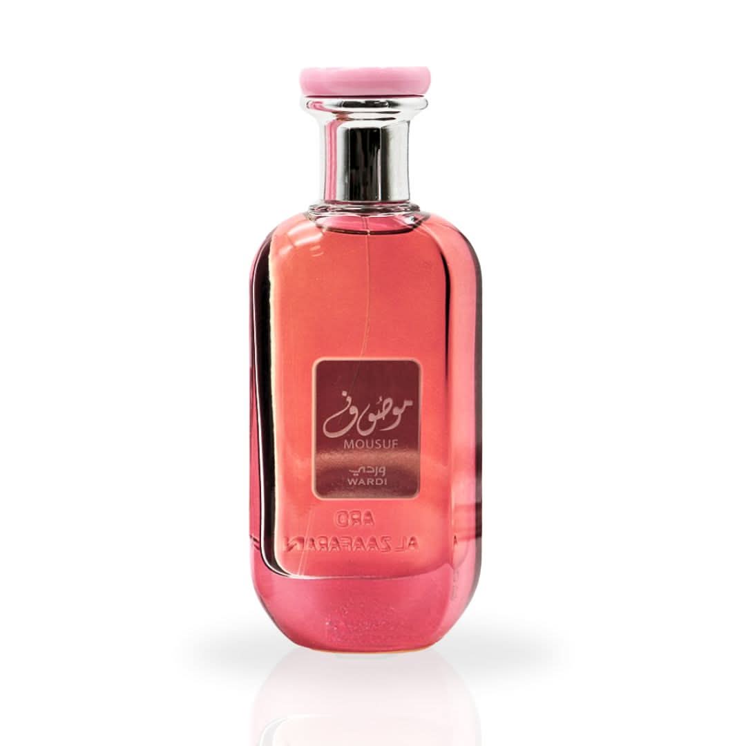 Ard Al Zaafaran Mousuf Wardi EDP spray 100ML, elegant floral fragrance bottle with intricate design and gold accents.