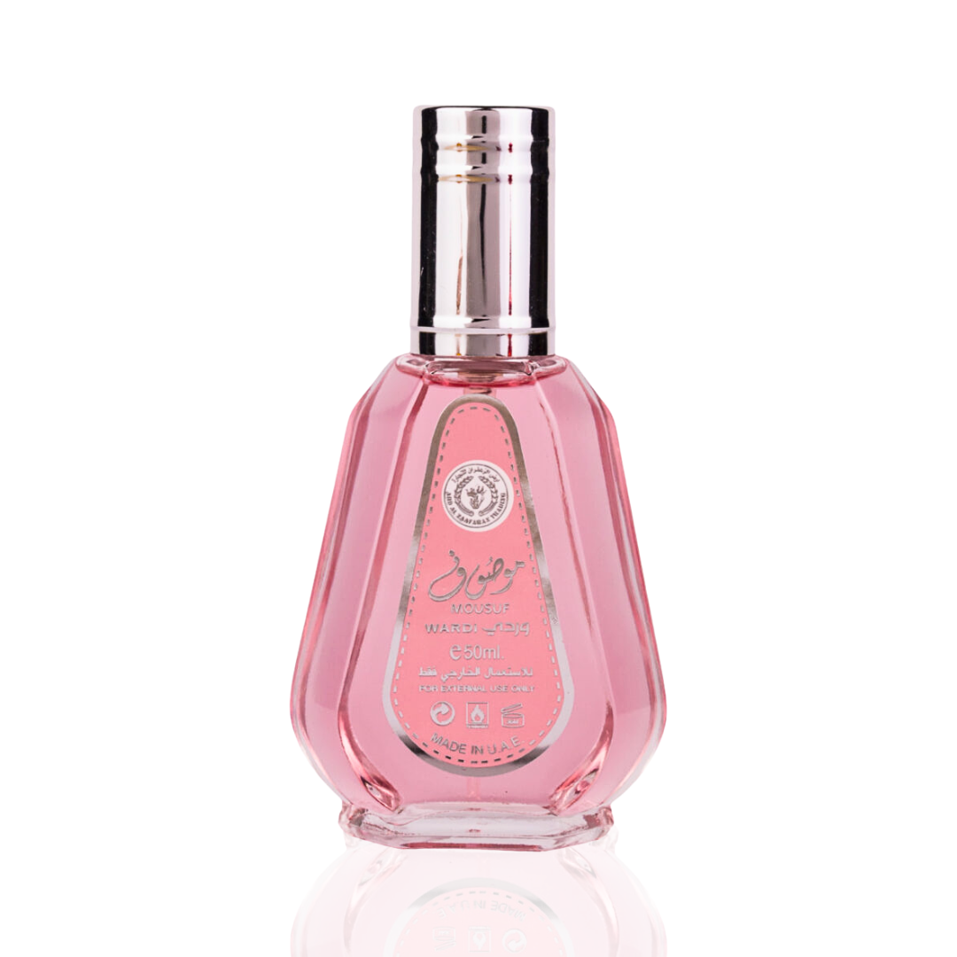 Ard Al Zaafaran Mousuf Wardi Eau de Parfum spray 50ml bottle, featuring elegant packaging and floral, woody scent accents.