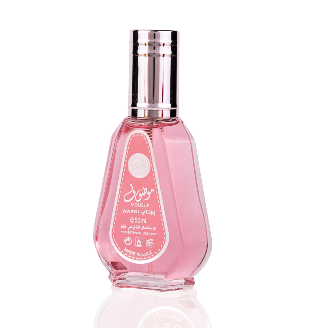 Ard Al Zaafaran Mousuf Wardi Eau de Parfum Spray 50ml with floral and woody notes in a sleek bottle.